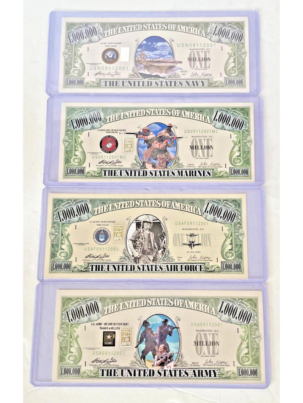 4 Commenmorative U.S Military Million dollar Novelty bill w/ 1 gr silver